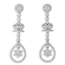 ESTATE LONG 1.56CT DIAMOND 14KT WHITE GOLD FLOWER TEAR DROP BOW HANGING EARRINGS