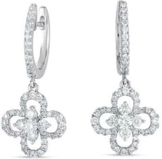 .81CT DIAMOND 14KT WHITE GOLD 3D 4 LEAF CLOVER FLOWER HUGGIE HANGING EARRINGS