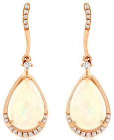 3.57CT DIAMOND & AAA OPAL 14K ROSE GOLD PEAR SHAPE & ROUND WAVE HANGING EARRINGS