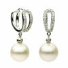 ESTATE .26CT DIAMOND & AAA PEARL 14K WHITE GOLD 3D BEZEL HUGGIE HANGING EARRINGS