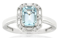 1.09CT DIAMOND & AAA AQUAMARINE 14KT WHITE GOLD 3D SQUARE HALO ENGAGEMENT RING
