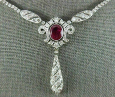 ANTIQUE LARGE 9.90CT DIAMOND & AAA RUBY 18K WHITE GOLD 3D LARIAT TENNIS NECKLACE