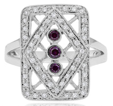.51CT DIAMOND & AAA AMETHYST 14K WHITE GOLD 3D 3 STONE FILIGREE GEOMETRICAL RING