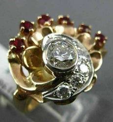 ANTIQUE 1.45CT DIAMOND & RUBY 14KT ROSE & WHITE GOLD FLOWER COCKTAIL RING #1968