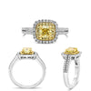 1.54CT WHITE & FANCY YELLOW DIAMOND 18KT TWO TONE GOLD CUSHION & ROUND HALO RING
