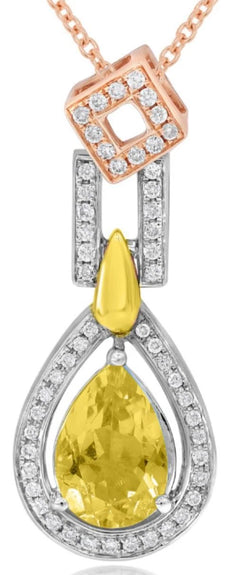 1.59CT DIAMOND & AAA CITRINE 14KT TRI COLOR GOLD PEAR SHAPE & ROUND FUN PENDANT