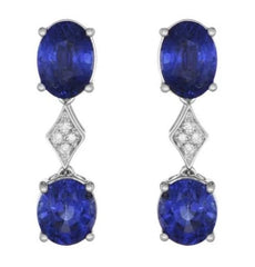 LARGE 8.91CT DIAMOND & AAA SAPPHIRE 18K WHITE GOLD OVAL & ROUND HANGING EARRINGS