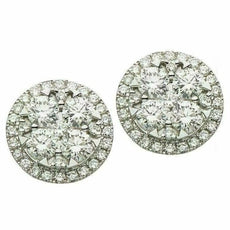 ESTATE 2.03CT DIAMOND 18KT WHITE GOLD CLASSIC ROUND CLUSTER FLOWER STUD EARRINGS