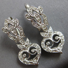 LARGE .60CT DIAMOND 14KT WHITE GOLD 3D HEART FILIGREE LEVERBACK HANGING EARRINGS