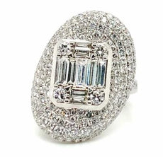 EXTRA LARGE 3.27CT DIAMOND 18K WHITE GOLD BAGUETTE & ROUND SQUARE COCKTAIL RING