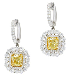 LARGE 6.03CT WHITE & FANCY YELLOW DIAMOND 18KT 2 TONE GOLD DOUBLE HALO EARRINGS