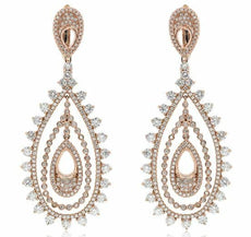 LARGE 5.85CT DIAMOND 14KT ROSE GOLD 3D MULTI ROW TEAR DROP FUN HANGING EARRINGS