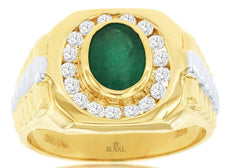 1.5CT DIAMOND & AAA EMERALD 14K 2 TONE GOLD OVAL & ROUND BEZEL CHANNEL MENS RING