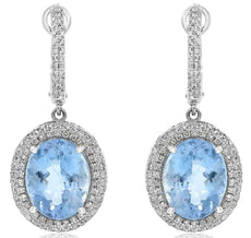 5.71CT DIAMOND & AAA AQUAMARINE 14KT WHITE GOLD 3D OVAL & ROUND HANGING EARRINGS