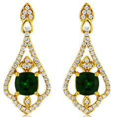 1.58CT DIAMOND & AAA RUSSALITE 14KT YELLOW GOLD CUSHION & ROUND HANGING EARRINGS