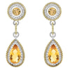 LARGE 10.82CT DIAMOND & AAA CITRINE 14KT 2 TONE GOLD TEAR DROP HANGING EARRINGS