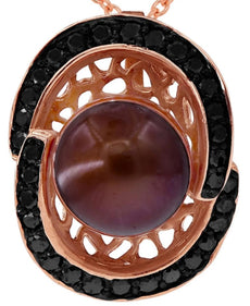 .37CT BLACK DIAMOND & AAA BROWN PEARL 14K ROSE GOLD 3D OVAL FUN FLOATING PENDANT