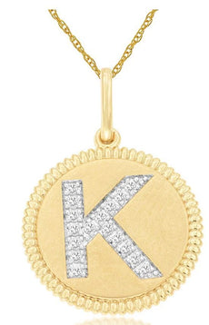 .08CT DIAMOND 14K 2 TONE GOLD K INITIAL ROUND MATTE & SHINY FUN FLOATING PENDANT