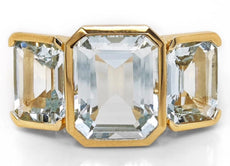 5.25CT AAA AQUAMARINE 18KT YELLOW GOLD 3D EMERALD CUT 3 STONE ANNIVERSARY RING