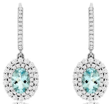 2.2CT DIAMOND & AQUAMARINE 14KT WHITE GOLD OVAL & ROUND FLOWER HANGING EARRINGS