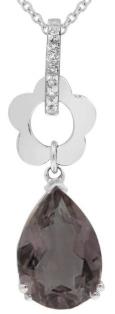 1.65CT DIAMOND & AAA SMOKY QUARTZ 14KT WHITE GOLD 3D PEAR SHAPE & ROUND PENDANT