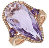 Wide 8.48Ct Diamond & Aaa Amethyst 14Kt Rose Gold 3D Pear Shape & Round Fun Ring