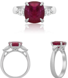 3.66CT DIAMOND & AAA RUBY PLATINUM CUSHION & PEAR SHAPE ENGAGEMENT RING