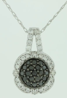 .40CT WHITE & BLACK DIAMOND 14KT WHITE GOLD 3D CLUSTER FLOWER FILIGREE PENDANT