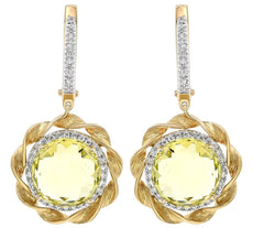 14.62CT DIAMOND & AAA LEMON QUARTZ 14KT 2 TONE GOLD LEVERBACK HANGING EARRINGS