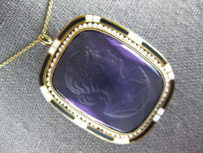 ANTIQUE 100CT AAA HAND ETCHED AMETHYST & PEARL 14KT YELLOW GOLD PENDANT BROOCH