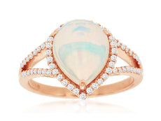 2.30CT DIAMOND & AAA OPAL 14K ROSE GOLD PEAR SHAPE & ROUND HALO CLASSIC FUN RING