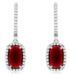 3.06CT DIAMOND & AAA RHODOLITE 14K WHITE GOLD CUSHION & ROUND LEVERBACK EARRINGS