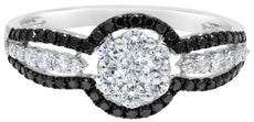 .71CT WHITE & BLACK DIAMOND 14KT WHITE GOLD 3D FLOWER HALO FRIENDSHIP LOVE RING