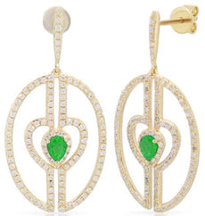 1.02CT DIAMOND & AAA EMERALD 14K YELLOW GOLD DOUBLE HEART OVAL FUN LOVE EARRINGS