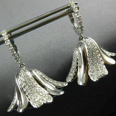 ESTATE LARGE 1.47CT DIAMONDS 18KT WHITE GOLD 3D FILIGREE FLOWER HANGING EARRINGS