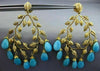 ESTATE EXTRA LARGE 1.25CT DIAMOND & TURQUOISE 18KT YELLOW GOLD HANGING EARRINGS