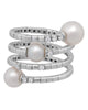 LARGE .12CT DIAMOND & AAA WHITE PEARL 18K WHITE GOLD FLEXIBLE MULTI ROW FUN RING