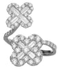 LARGE 1.74CT DIAMOND 18KT WHITE GOLD 3D ROUND & BAGUETTE DOUBLE FLOWER LOVE RING