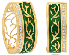 WIDE .33CT DIAMOND & GREEN ENAMEL 18K YELLOW GOLD OPEN FILIGREE HANGING EARRINGS