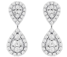 .80CT DIAMOND 14KT WHITE GOLD 3D ROUND & BAGUETTE TEAR DROP FUN HANGING EARRINGS