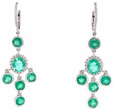 LARGE 5.52CT DIAMOND & AAA EMERALD 18KT WHITE GOLD OVAL & ROUND FLOWER EARRINGS