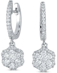.83CT DIAMOND 14KT WHITE GOLD 3D FLOWER HALO HUGGIE CLASSIC HANGING EARRINGS