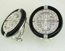 ESTATE .32CT DIAMOND & AAA ONYX 14KT WHITE GOLD FILIGREE CIRCLE CLIP ON EARRINGS