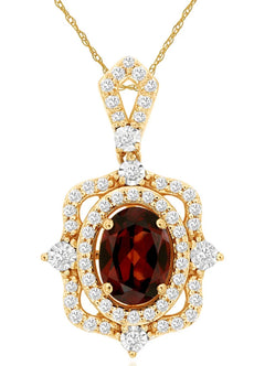 1.15CT DIAMOND & AAA GARNET 14K YELLOW GOLD OVAL & ROUND FILIGREE FLORAL PENDANT