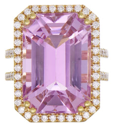 EXTRA LARGE 41.16CT DIAMOND & AAA KUNZITE 18KT YELLOW GOLD HALO ENGAGEMENT RING