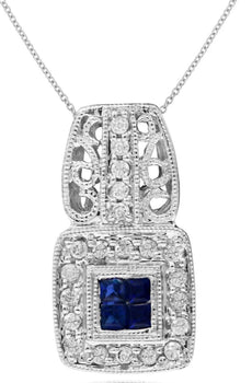 .38CT DIAMOND & AAA SAPPHIRE 14KT WHITE GOLD PRINCESS & ROUND INVISIBLE PENDANT