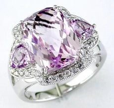 ESTATE LARGE 8.13CT DIAMOND & AAA PINK AMETHYST 14KT WHITE GOLD 3 STONE FUN RING