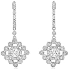 .82CT DIAMOND 14K WHITE GOLD 3D FLOWER GEOMETRICAL FILIGREE FUN HANGING EARRINGS