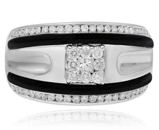 .85CT DIAMOND & BLACK ENAMEL 14KT WHITE GOLD ROUND & PRINCESS SQUARE UNISEX RING