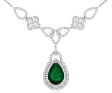 4.7CT DIAMOND & AAA EMERALD 14KT WHITE GOLD PEAR SHAPE & ROUND LARIAT NECKLACE
